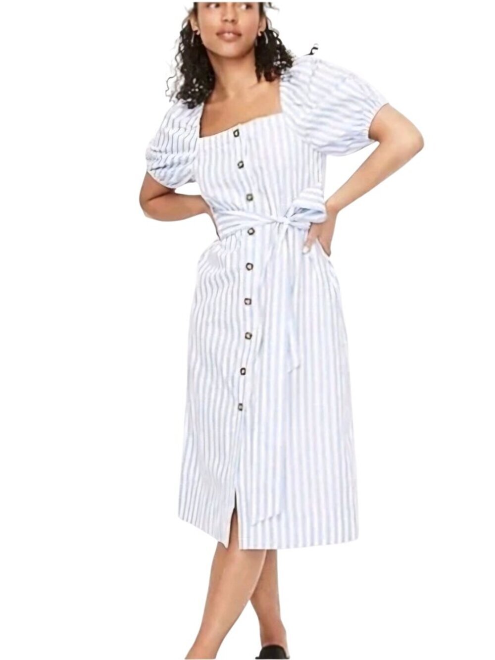 J.Crew Cottage Dress Blue Stripe Puff Sleeve Midi 2021 Belted Button Size M
